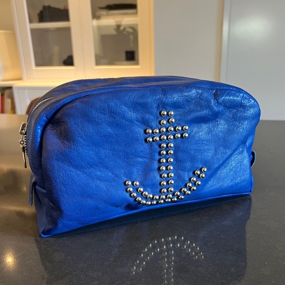 VINTAGE HAND MADE Nautical Studded Leather & Silk Toiletry Bag - Picture 1 of 11